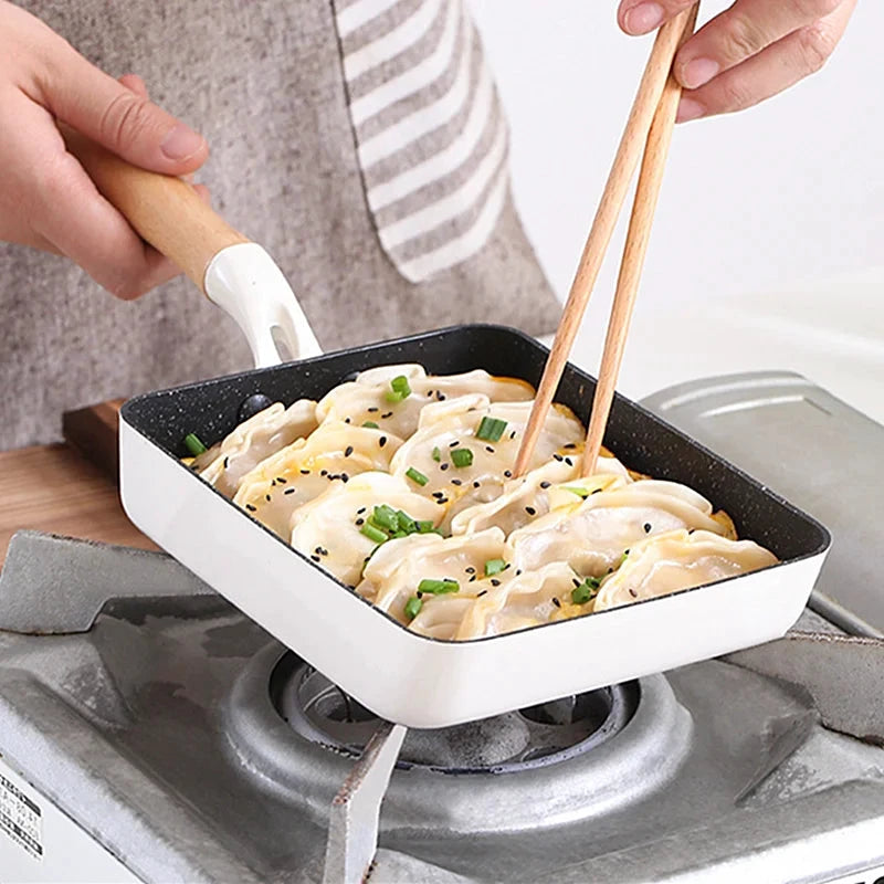 Square Maifan Stone Non Stick Frying Pan with Wooden Handle Cookware by Bowlift