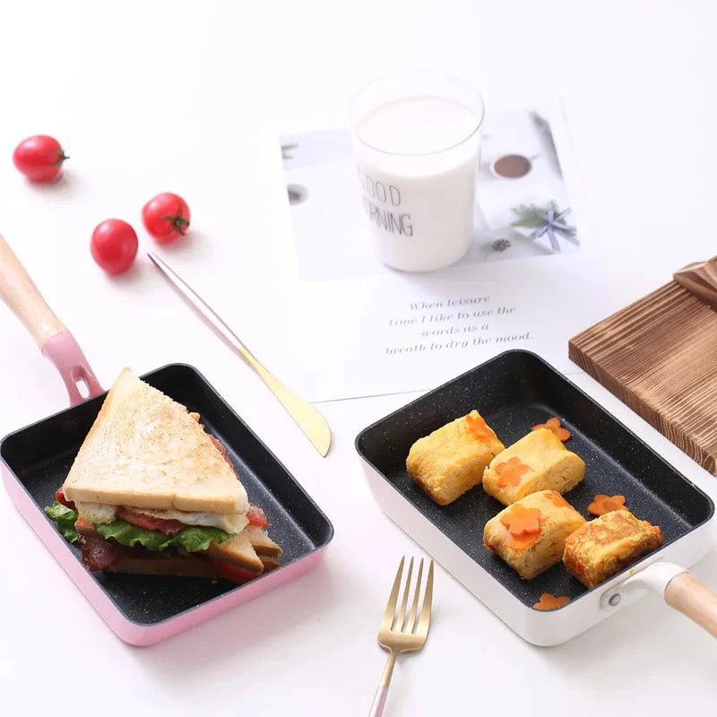 Square Maifan Stone Non Stick Frying Pan with Wooden Handle Cookware by Bowlift