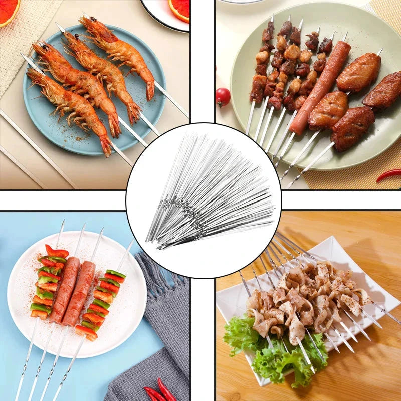 Stainless Steel Barbecue Skewer Reusable BBQ Skewers Iron Stick by Bowlift