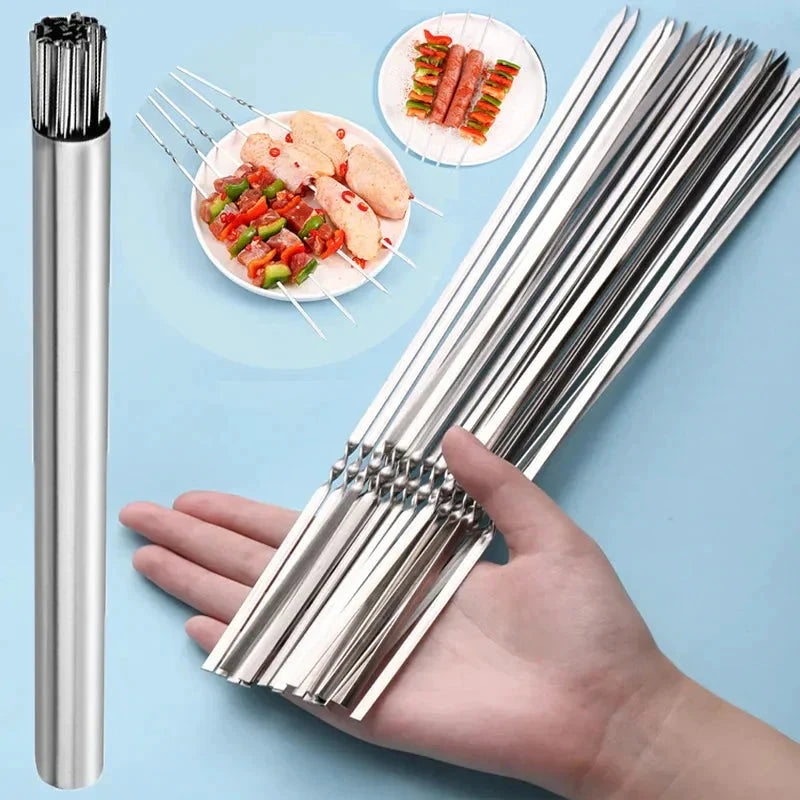 Stainless Steel Barbecue Skewer Reusable BBQ Skewers Iron Stick by Bowlift