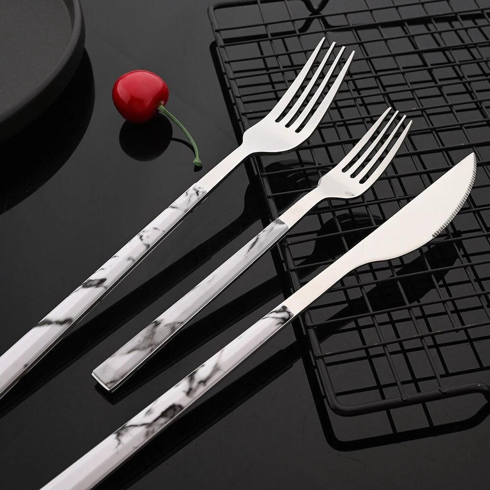 Stainless Steel Cutlery Set Imitation Marble Handle Tableware by Bowlift