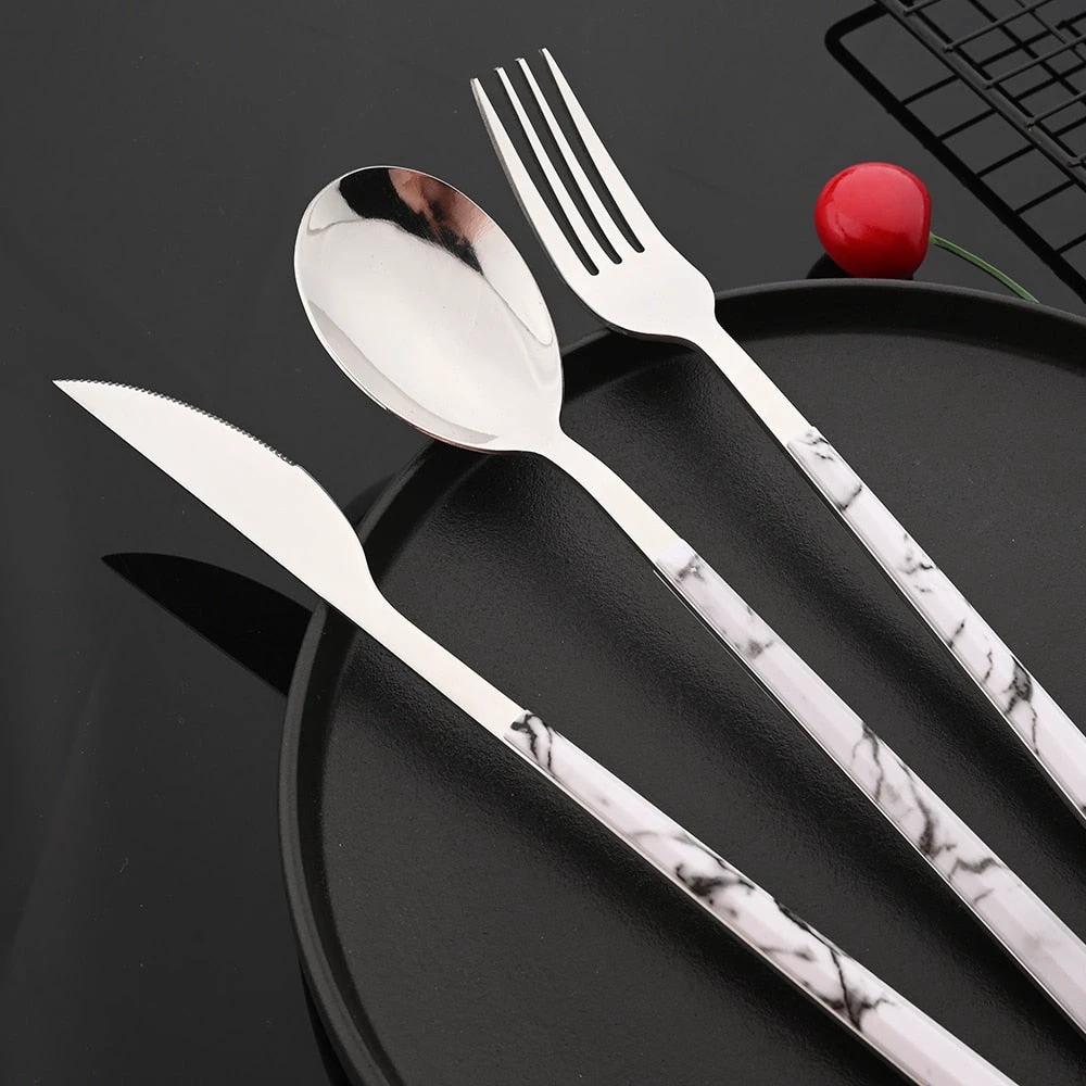Stainless Steel Cutlery Set Imitation Marble Handle Tableware by Bowlift