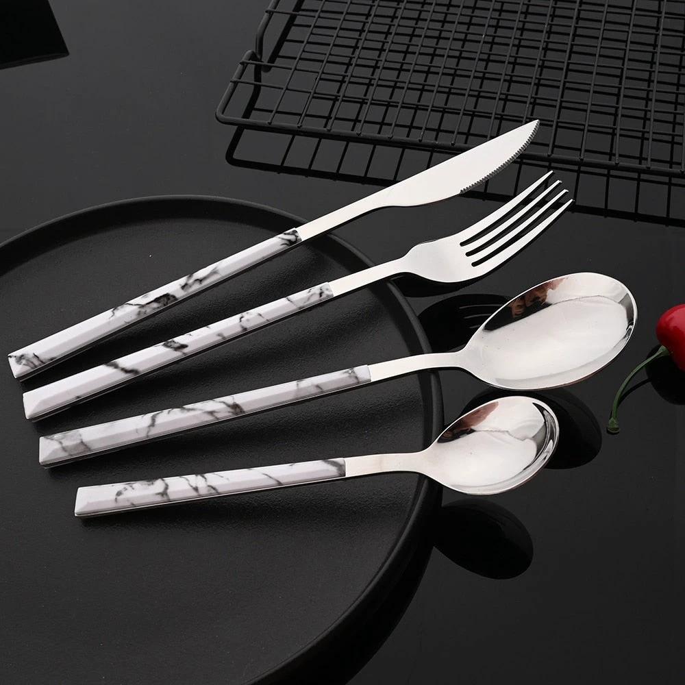 Stainless Steel Cutlery Set Imitation Marble Handle Tableware by Bowlift