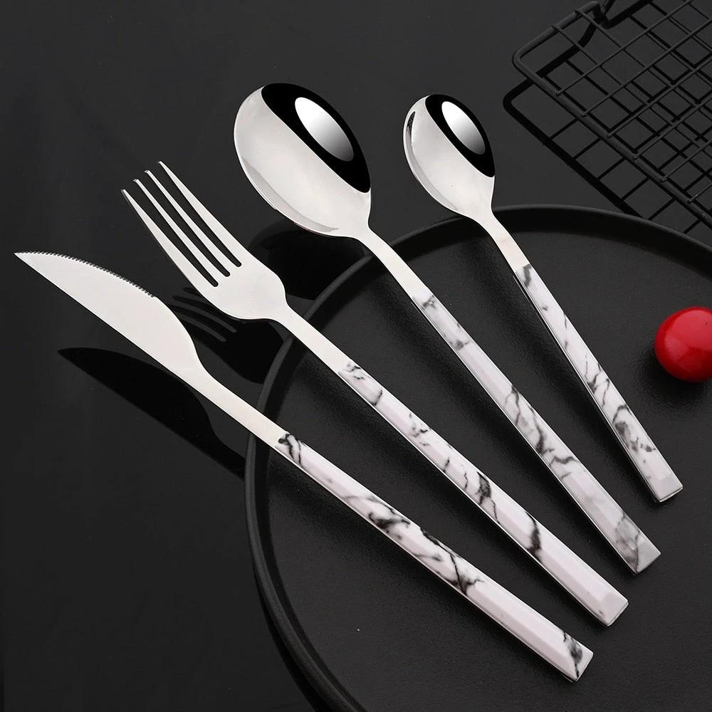 Stainless Steel Cutlery Set Imitation Marble Handle Tableware by Bowlift