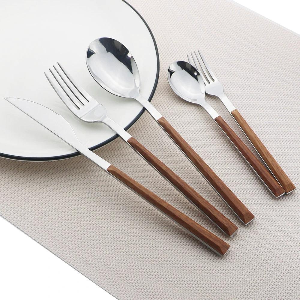 Stainless Steel Dinnerware Set Imitation Wood Marble Handle Set by Bowlift