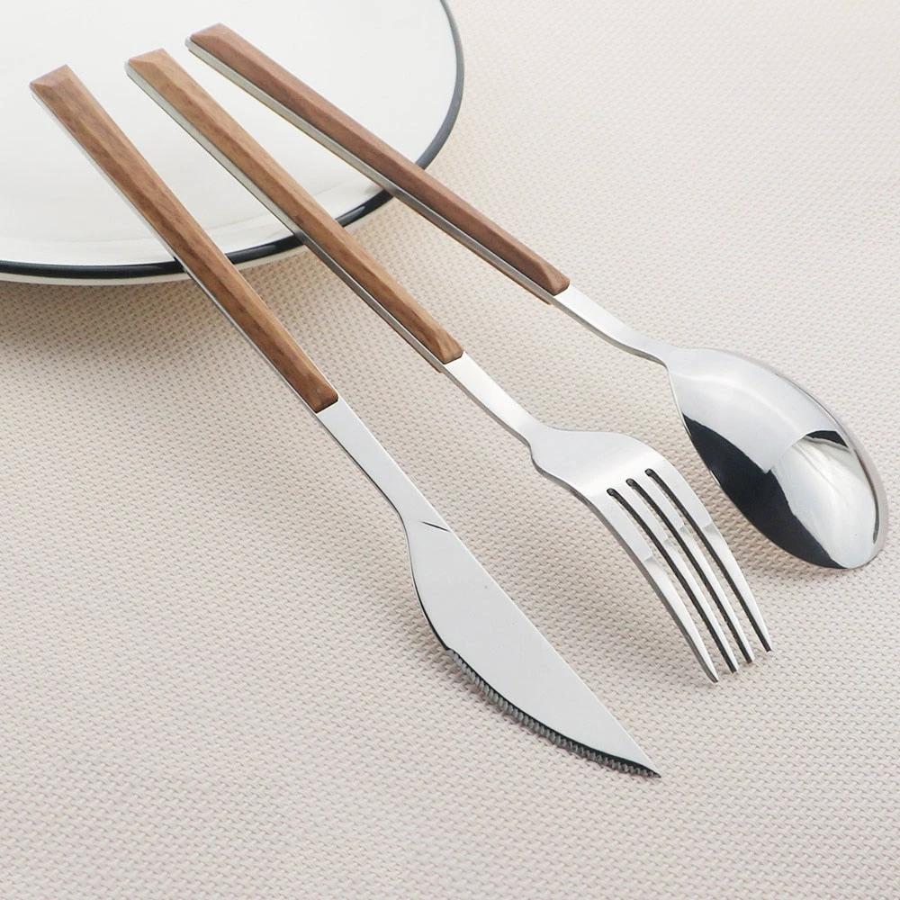 Stainless Steel Dinnerware Set Imitation Wood Marble Handle Set by Bowlift