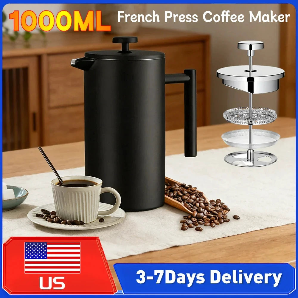 Stainless Steel French Press Double Wall Insulated Coffee Tea Maker by Bowlift