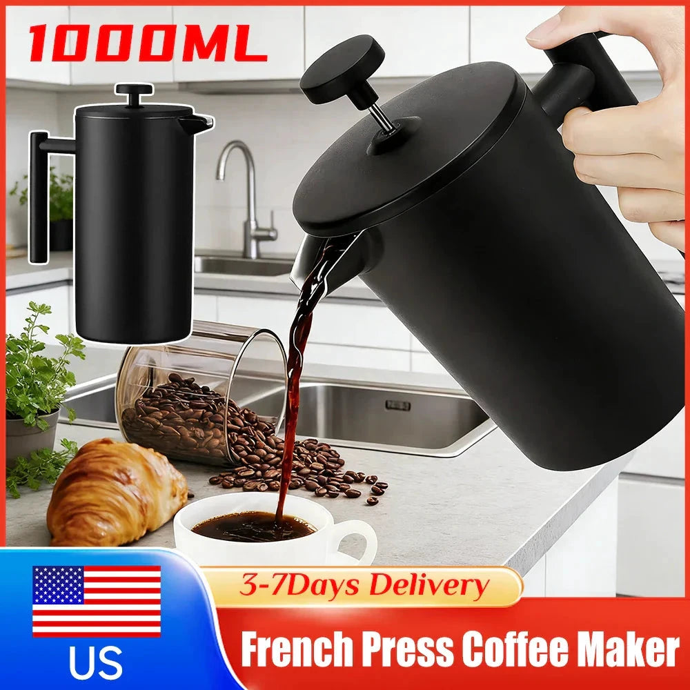 Stainless Steel French Press Double Wall Insulated Coffee Tea Maker by Bowlift