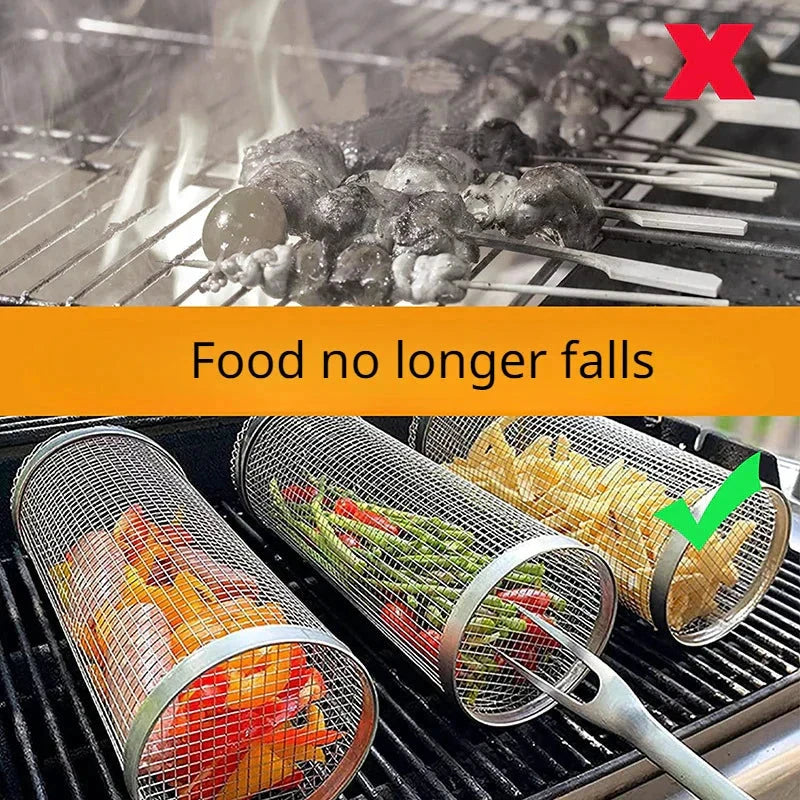 Stainless Steel Grill Basket Portable Barbecue Cage Rolling Grilling Basket by Bowlift