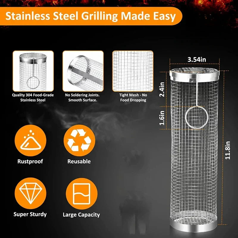 Stainless Steel Grill Basket Portable Barbecue Cage Rolling Grilling Basket by Bowlift