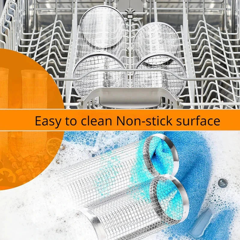 Stainless Steel Grill Basket Portable Barbecue Cage Rolling Grilling Basket by Bowlift