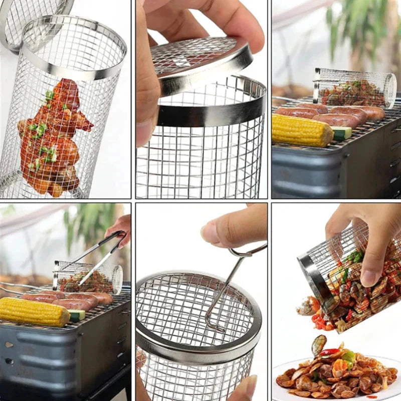 Stainless Steel Grill Basket Portable Barbecue Cage Rolling Grilling Basket by Bowlift