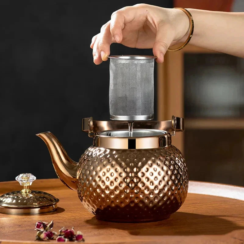 Stainless Steel Kettle Hammered Spherical Tea Pot with Strainer Tea Kettles by Bowlift