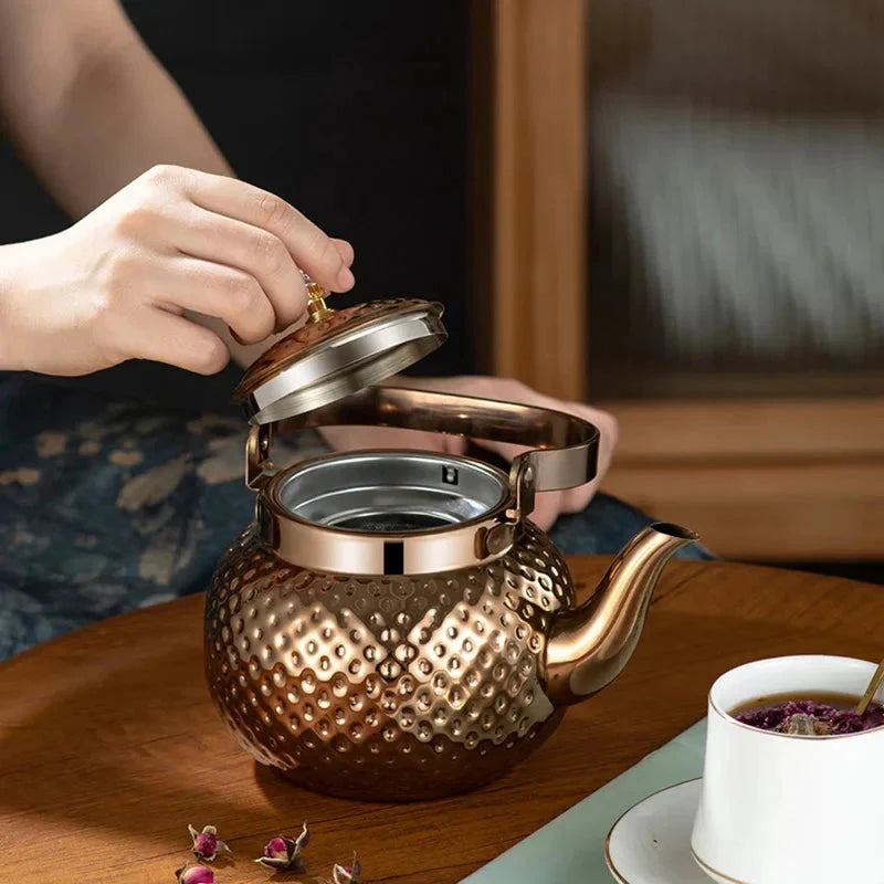 Stainless Steel Kettle Hammered Spherical Tea Pot with Strainer Tea Kettles by Bowlift