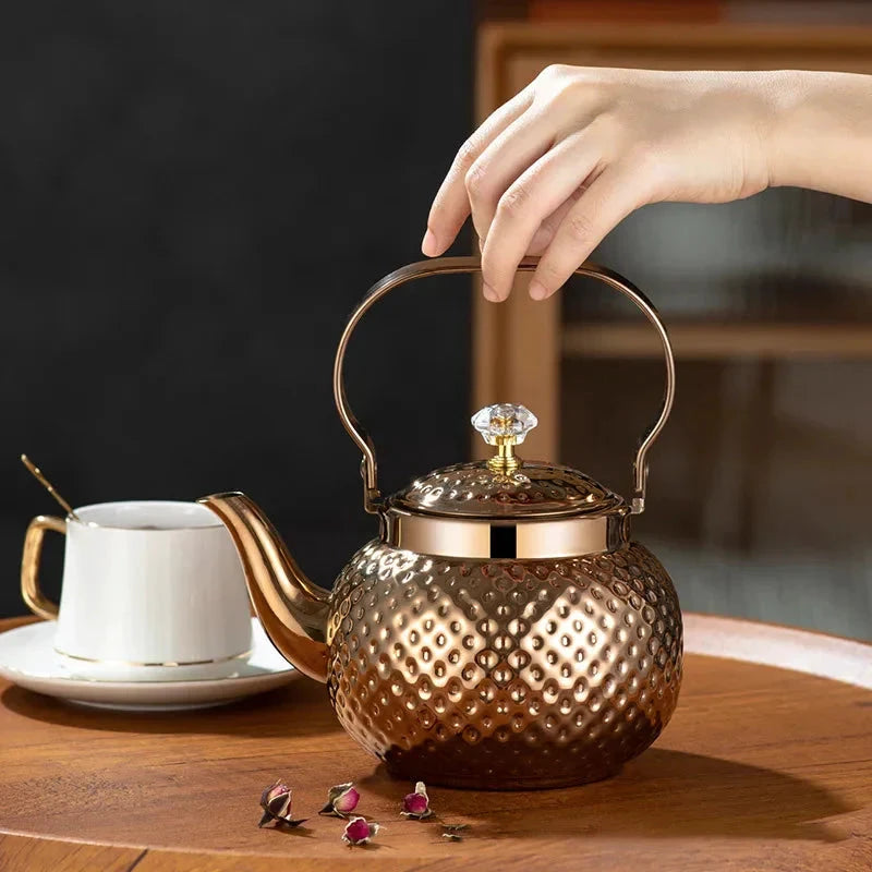 Stainless Steel Kettle Hammered Spherical Tea Pot with Strainer Tea Kettles by Bowlift