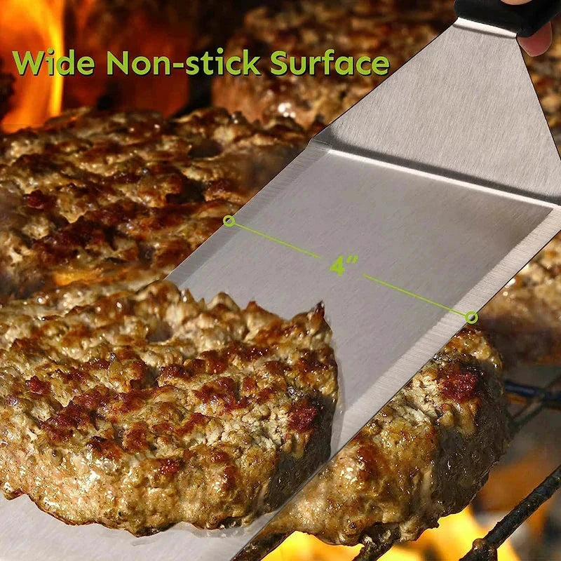 Stainless Steel Long Grill Spatula with Cutting Edges Scraper Tool by Bowlift