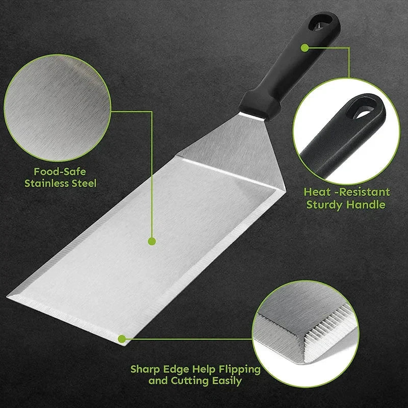Stainless Steel Long Grill Spatula with Cutting Edges Scraper Tool by Bowlift