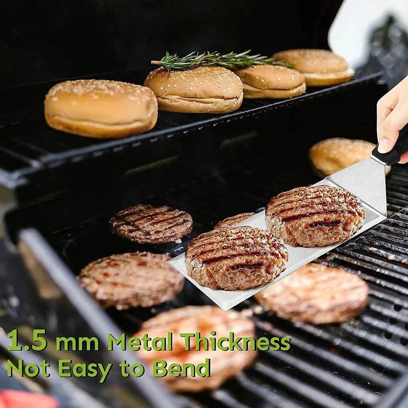 Stainless Steel Long Grill Spatula with Cutting Edges Scraper Tool by Bowlift