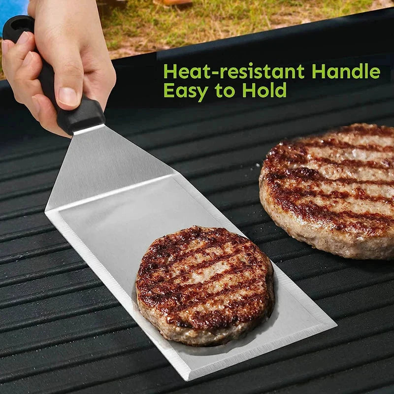 Stainless Steel Long Grill Spatula with Cutting Edges Scraper Tool by Bowlift