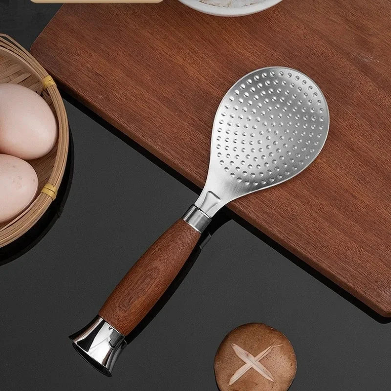 Stainless Steel Rice Scoop with Wooden Handle Non-Stick Rice Spatula by Bowlift