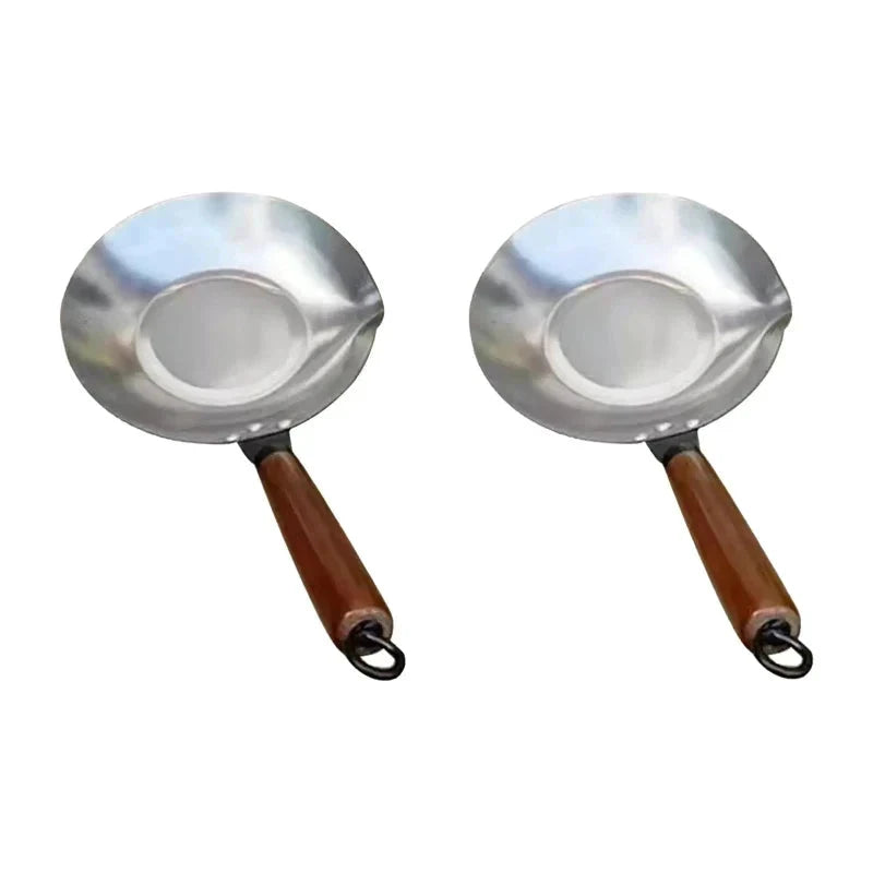 Stainless Steel Sugar Melting Pan Wok with Pour Spout Wooden Handle by Bowlift
