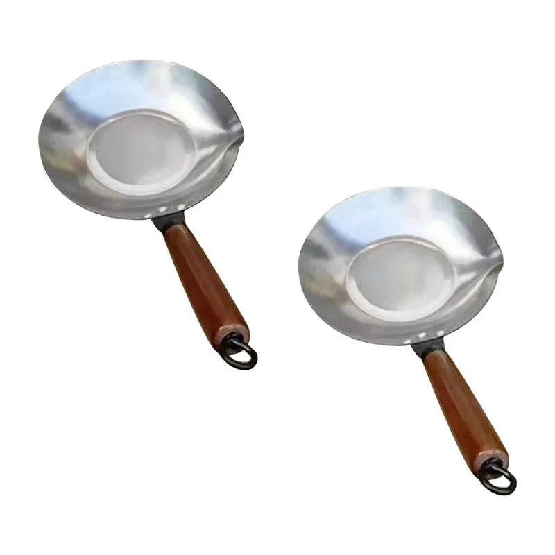 Stainless Steel Sugar Melting Pan Wok with Pour Spout Wooden Handle by Bowlift