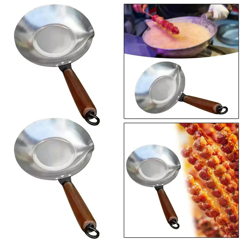 Stainless Steel Sugar Melting Pan Wok with Pour Spout Wooden Handle by Bowlift