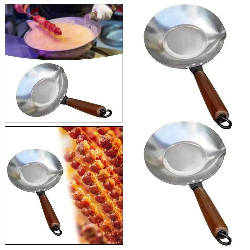 Stainless Steel Sugar Melting Pan Wok with Pour Spout Wooden Handle by Bowlift