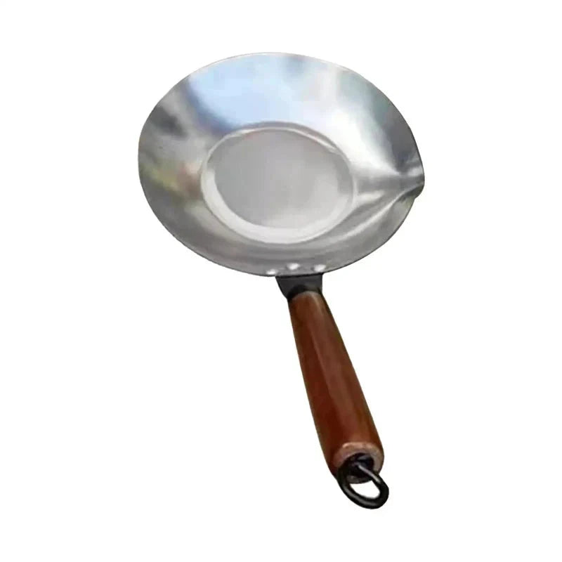 Stainless Steel Sugar Melting Pan Wok with Pour Spout Wooden Handle by Bowlift