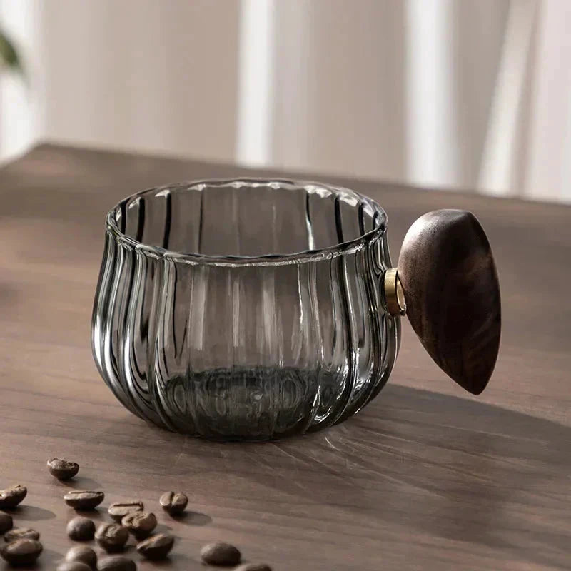 Striped Heat Resistant Silicon Glass Coffee Mug with Wooden Handle by Bowlift