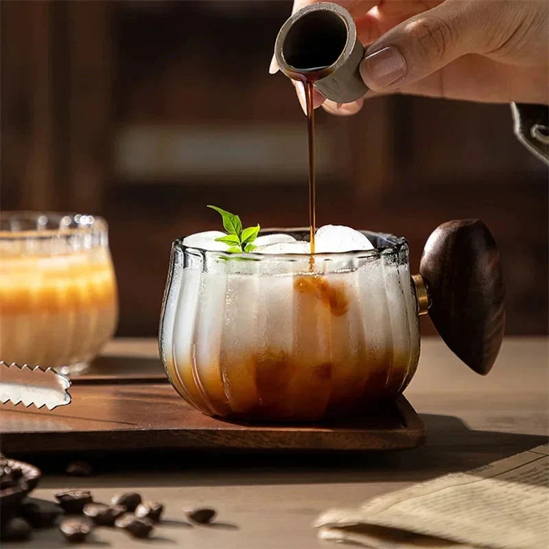 Striped Heat Resistant Silicon Glass Coffee Mug with Wooden Handle by Bowlift