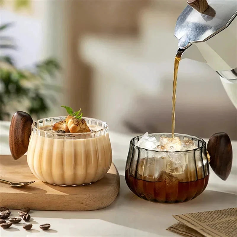 Striped Heat Resistant Silicon Glass Coffee Mug with Wooden Handle by Bowlift