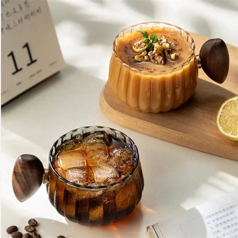 Striped Heat Resistant Silicon Glass Coffee Mug with Wooden Handle by Bowlift