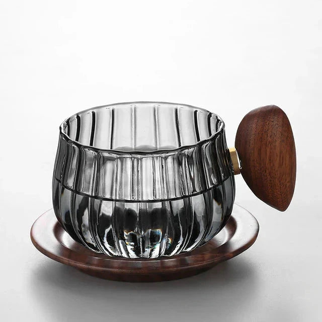 Striped Heat Resistant Silicon Glass Coffee Mug with Wooden Handle by Bowlift
