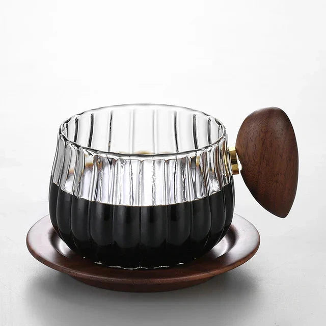 Striped Heat Resistant Silicon Glass Coffee Mug with Wooden Handle by Bowlift