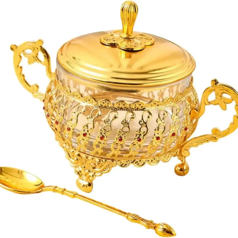 Sugar Bowl with Lid and Spoon Gold Glass Seasoning Spice Candy Jar by Bowlift