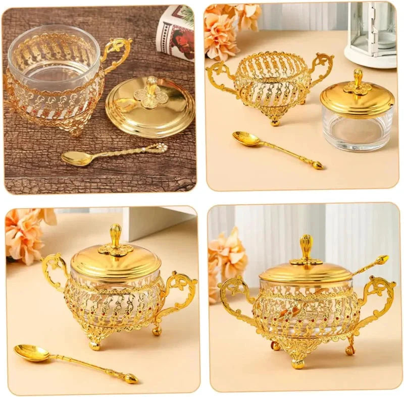 Sugar Bowl with Lid and Spoon Gold Glass Seasoning Spice Candy Jar by Bowlift