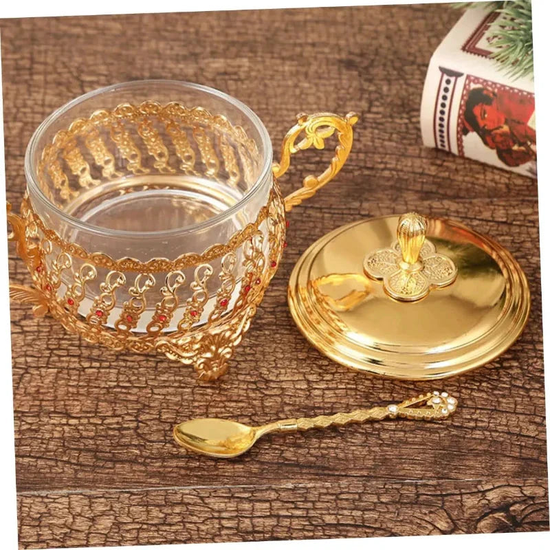 Sugar Bowl with Lid and Spoon Gold Glass Seasoning Spice Candy Jar by Bowlift