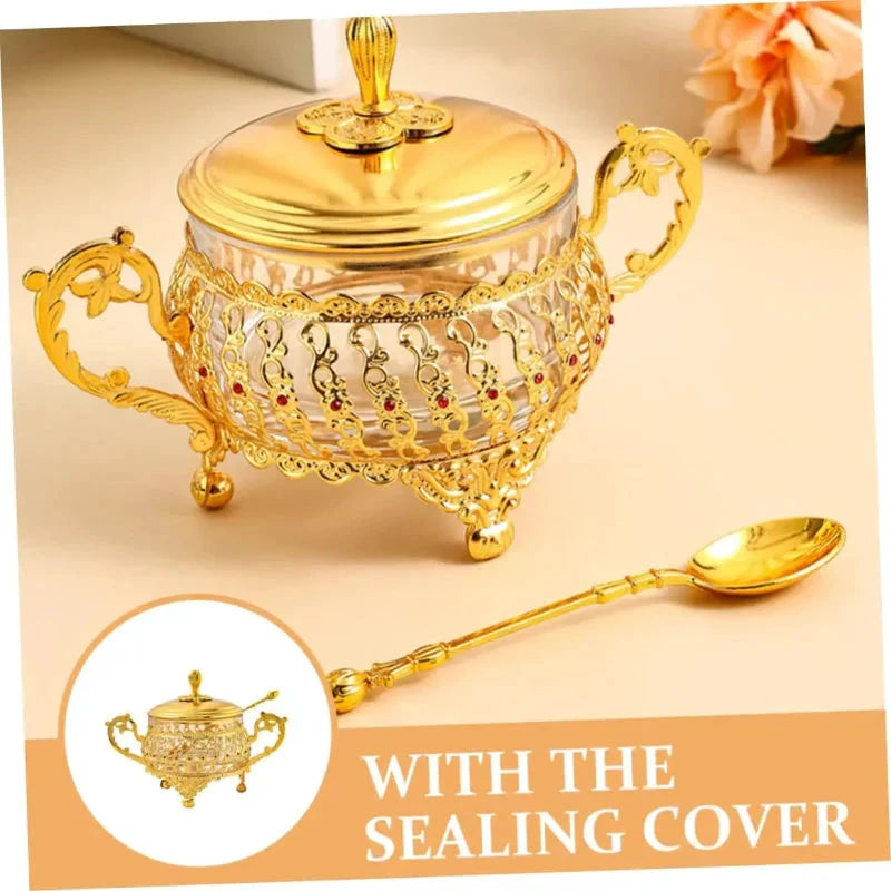 Sugar Bowl with Lid and Spoon Gold Glass Seasoning Spice Candy Jar by Bowlift