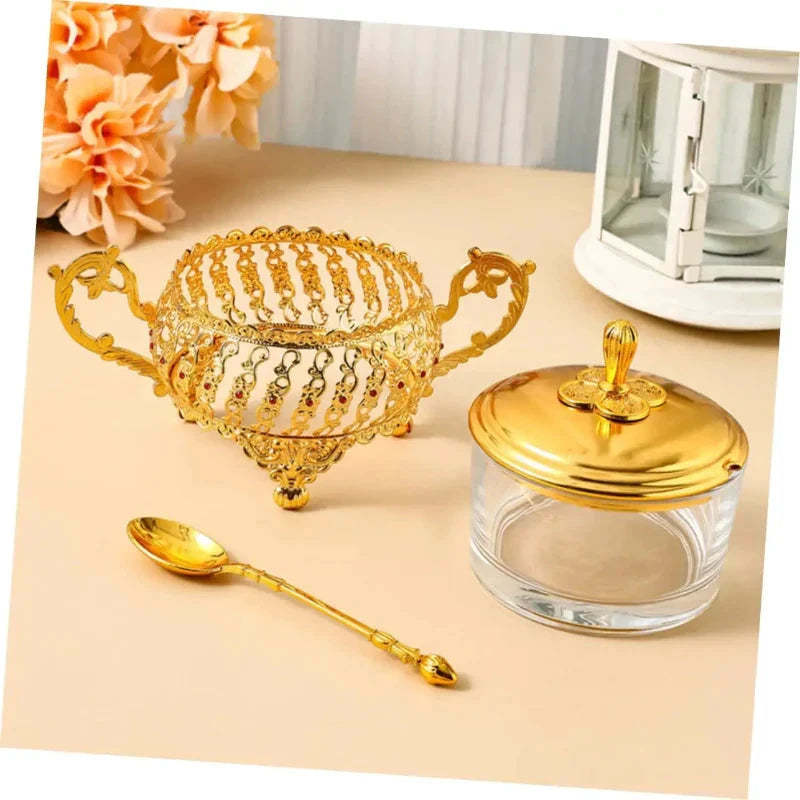 Sugar Bowl with Lid and Spoon Gold Glass Seasoning Spice Candy Jar by Bowlift