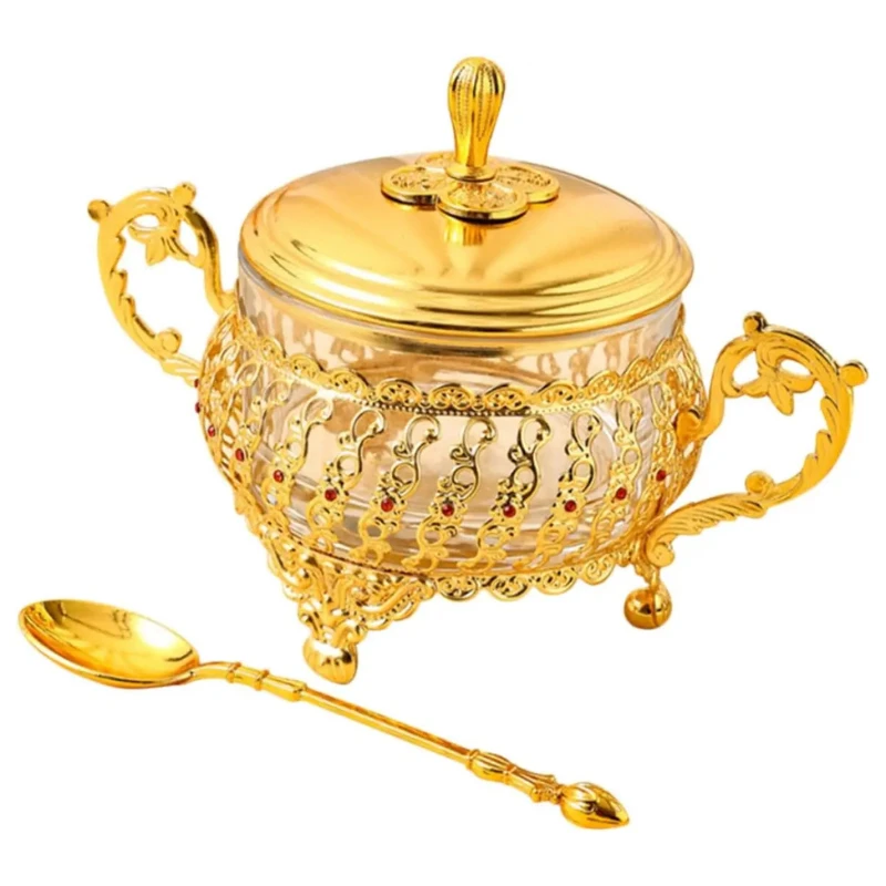 Sugar Bowl with Lid and Spoon Gold Glass Seasoning Spice Candy Jar by Bowlift