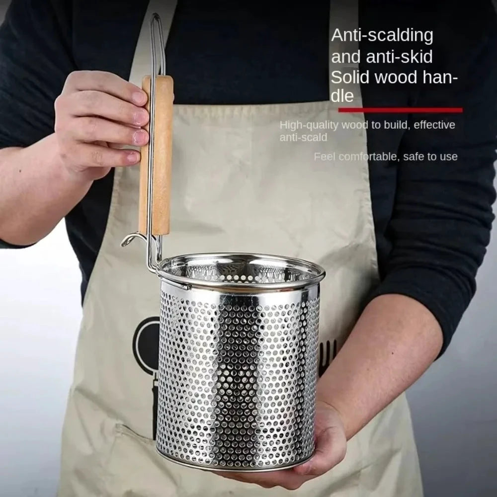Thickened Stainless Steel Funnel Wooden Handle Pasta Basket Strainer by Bowlift
