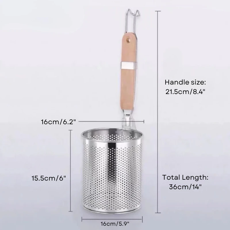 Thickened Stainless Steel Funnel Wooden Handle Pasta Basket Strainer by Bowlift