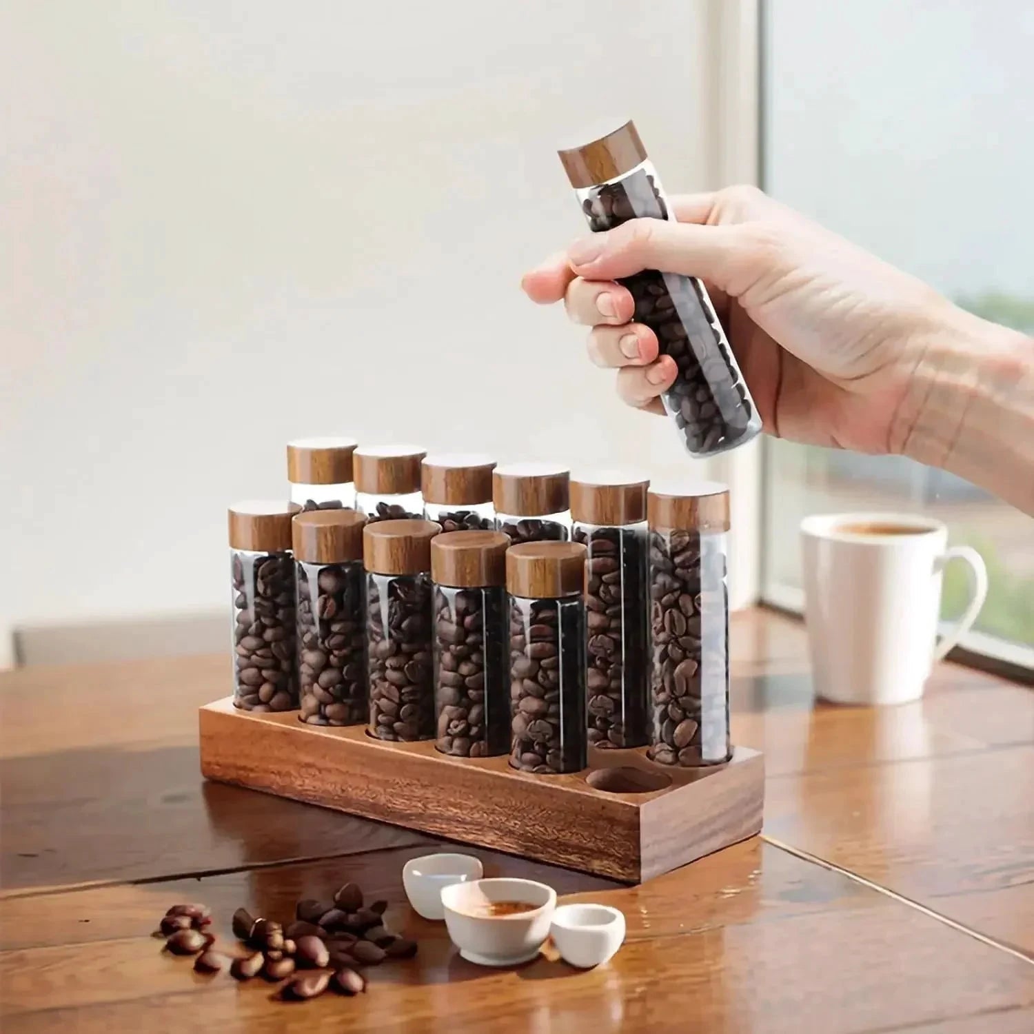 Walnut Solid Wood Base Single Dose Coffee Bean Storage Wooden Holder by Bowlift