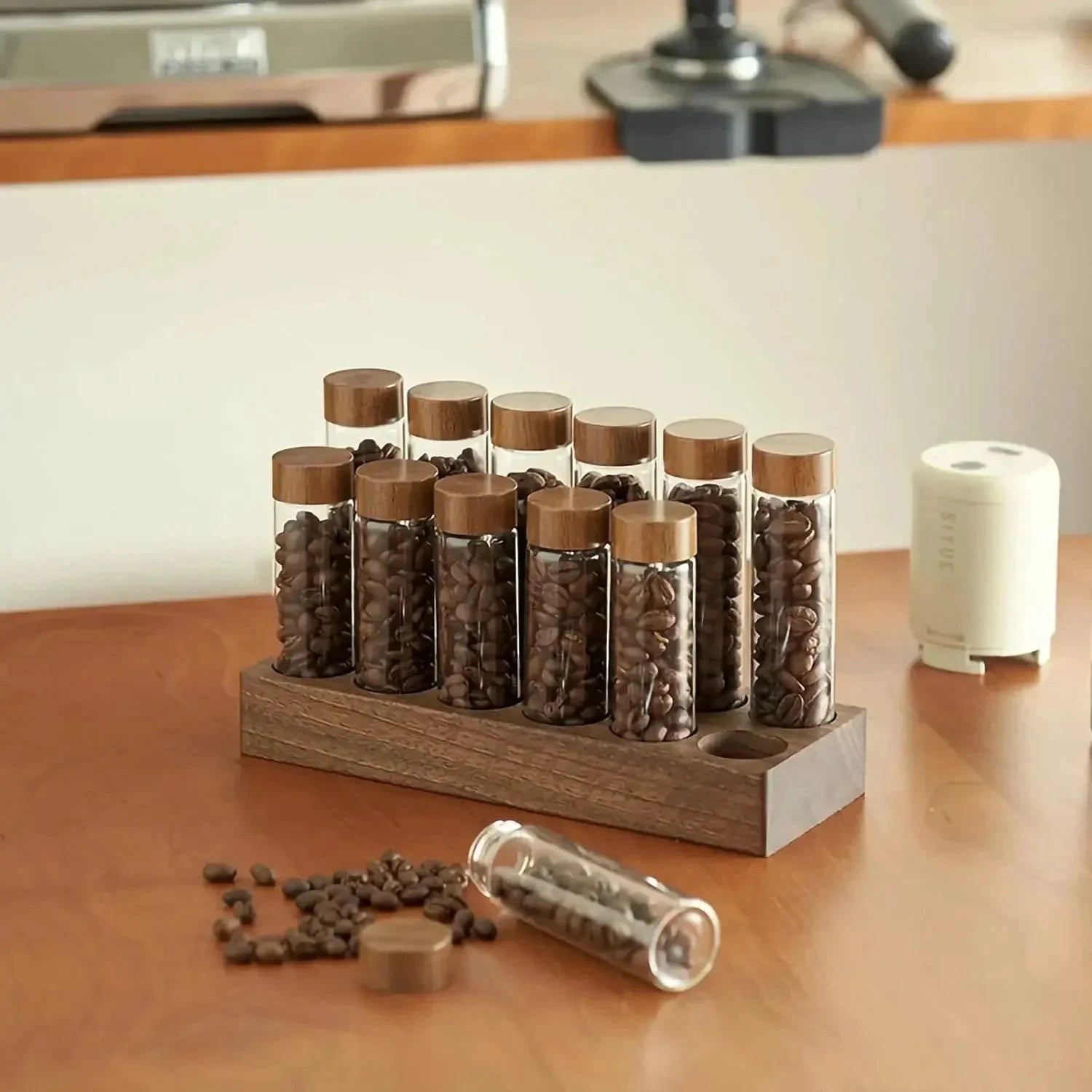 Walnut Solid Wood Base Single Dose Coffee Bean Storage Wooden Holder by Bowlift