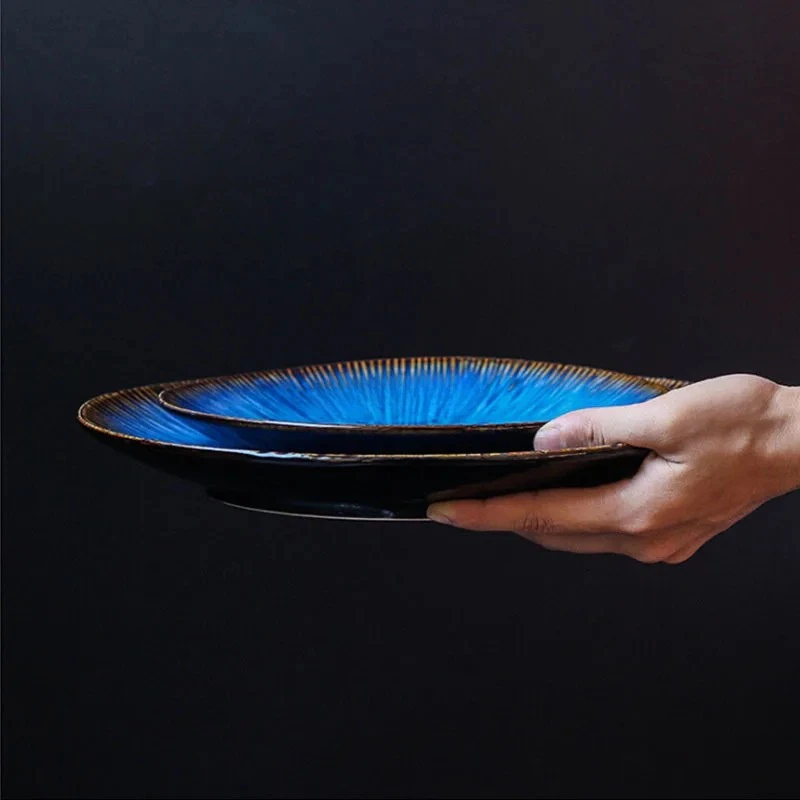 Western Style Ceramic Dish Deep Blue Pasta Plate Kitchen Tableware by Bowlift