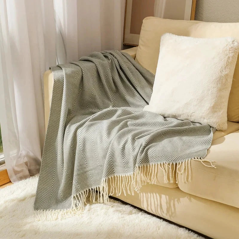 100% Cotton Luxury Herringbone Large Sofa Bed Throw Blanket Fringed Tweed Soft Bowlift by Bowlift
